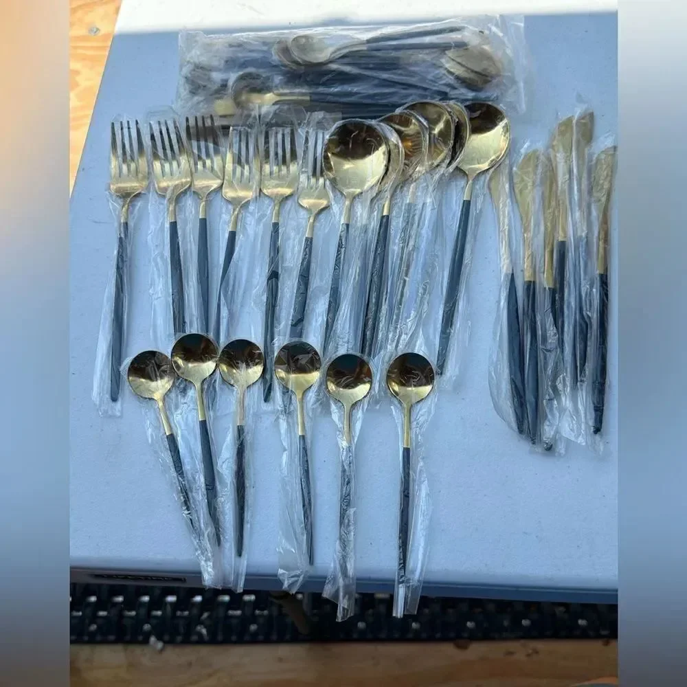 12 place setting Elegant Gold and Black Cutlery Set